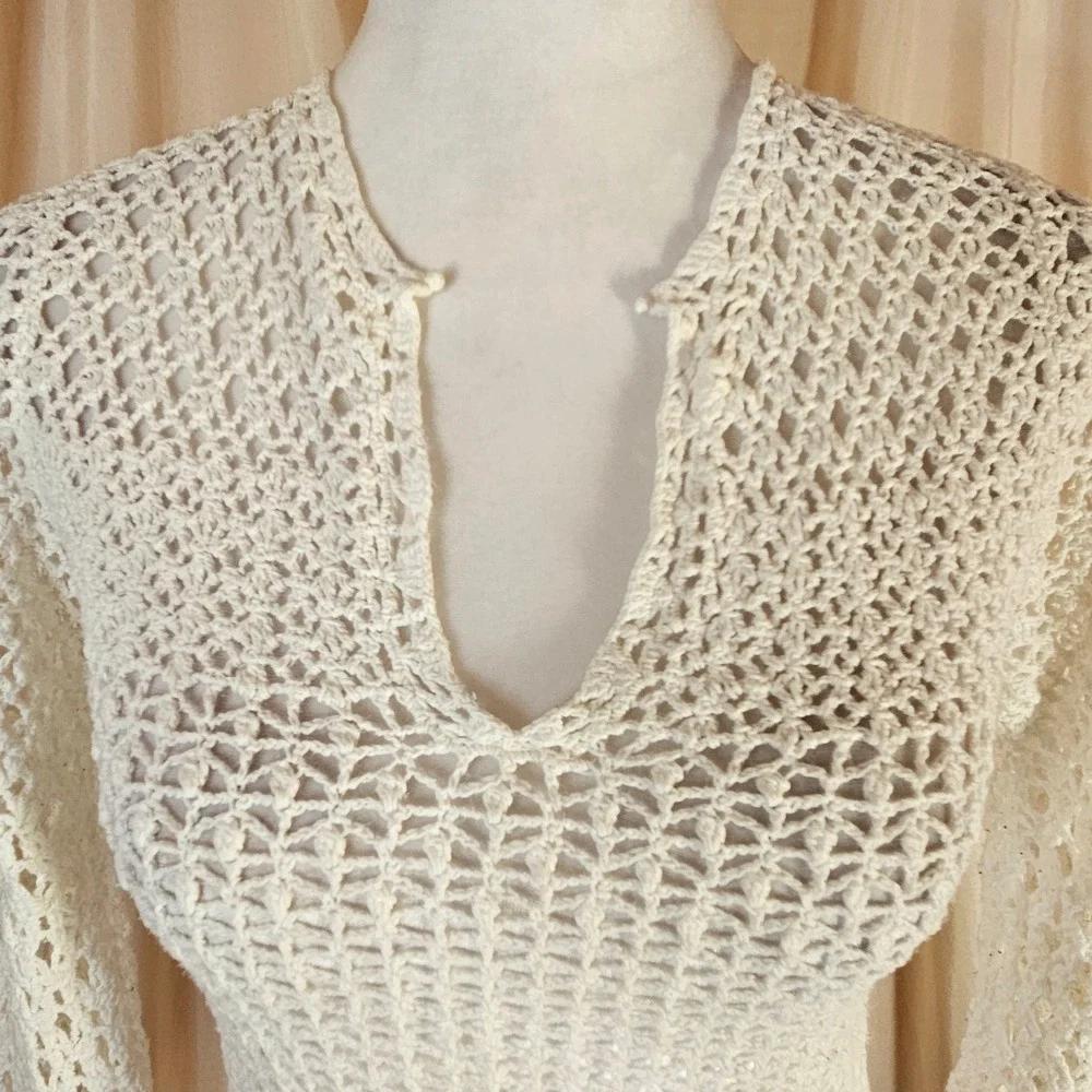 White Open Knit Crochet Top Women's Small Bell Sleeve Boho Festival Cottagecore